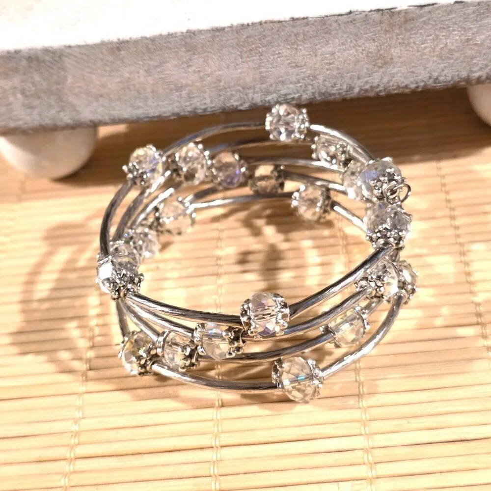 Silver Tone Crystal Wrap Bracelet With Clear Faceted Beads & Filigree Details